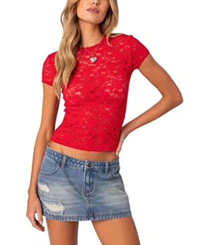 Edikted Kaori Sheer Lace Tee In Red