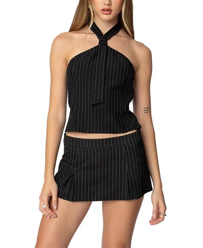 Edikted Karine Pinstripe Tie Halter Top In Black