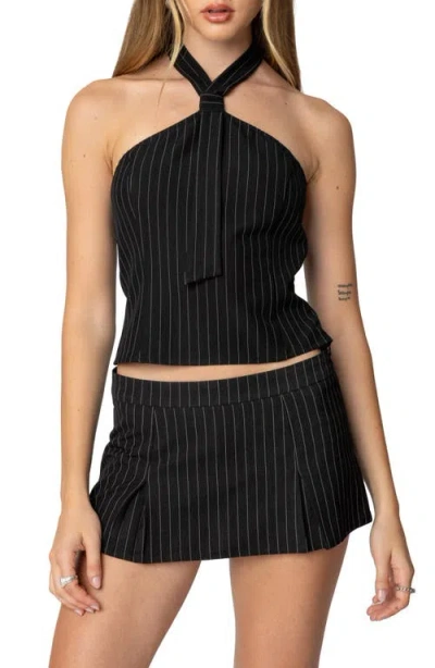 Edikted Karine Pinstripe Tie Halter Top In Black