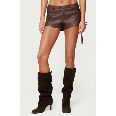 Edikted Kariss Lace Up Faux Leather Mini Shorts In Brown