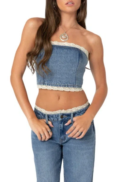 Edikted Karlie Lace Trim Denim Tube Top In Blue