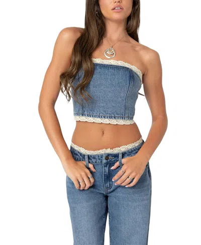 Edikted Karlie Lace Trim Denim Tube Top In Blue