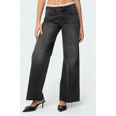 Edikted Karlie Lace Trim Low Rise Wide Leg Jeans In Black-washed