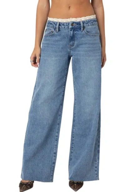 Edikted Karlie Lace Trim Low Rise Wide Leg Jeans In Blue