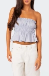Edikted Katherine Smocked Strapless Crop Top In Light-blue