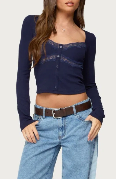 Edikted Kathi Lace Trim Long Sleeve Button-up Shirt In Blue