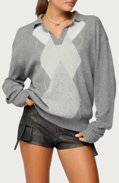 Edikted Kati Argyle Oversize Cotton Polo Sweater In Gray