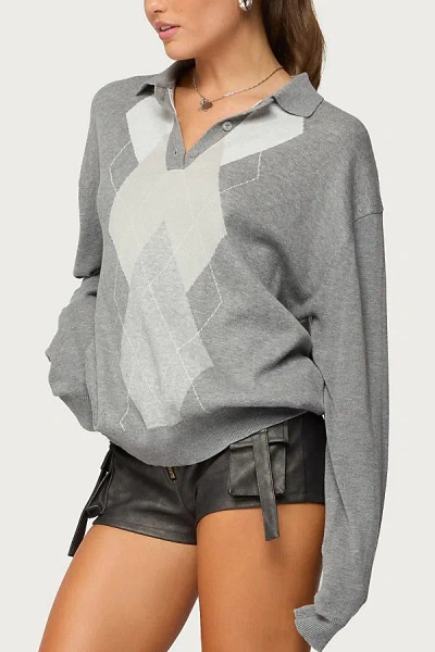 Edikted Kati Argyle Oversized Polo Sweater In Gray/melange, Women's At Urban Outfitters