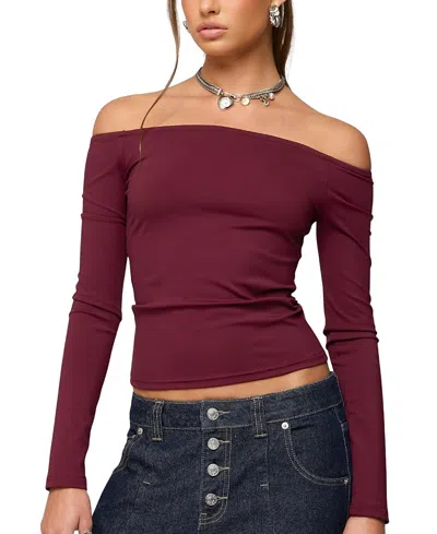 Edikted Katie Off The Shoulder Long Sleeve Top In Burgundy