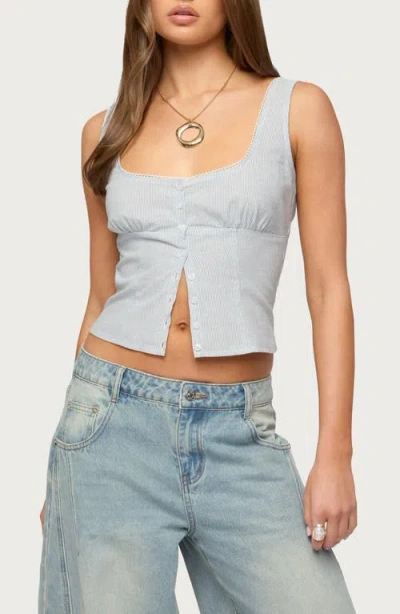 Edikted Katiya Pinstripe Crop Cotton & Linen Button-up Top In Blue