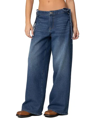 Edikted Katt Lace Up Baggy Dark Rinse Wash Jeans In Blue