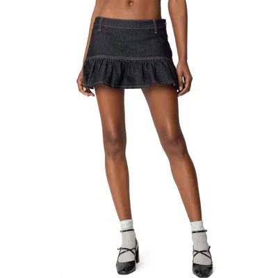 Edikted Katy Ruffle Denim Miniskirt In Indigo-blue-raw-wash