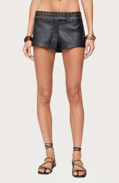 Edikted Kaylan Grommet Low Rise Faux Leather Shorts In Black