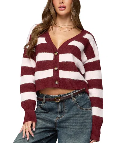 Edikted Kaz Striped Knit V Neck Cardigan In Brown