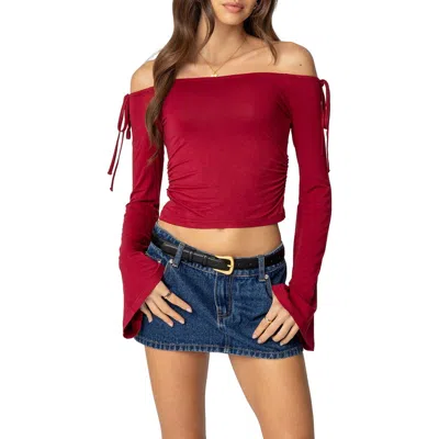 Edikted Keaghan Off The Shoulder Bell Sleeve Top In Burgundy
