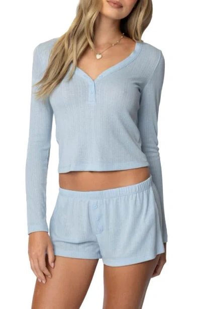 Edikted Keely Pointelle Henley Top In Light-blue