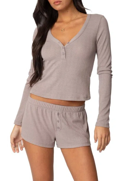 Edikted Keely Pointelle Long Sleeve V-neck Henley Top In Brown