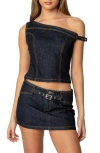 Edikted Keira Denim One-shoulder Top In Dark-blue