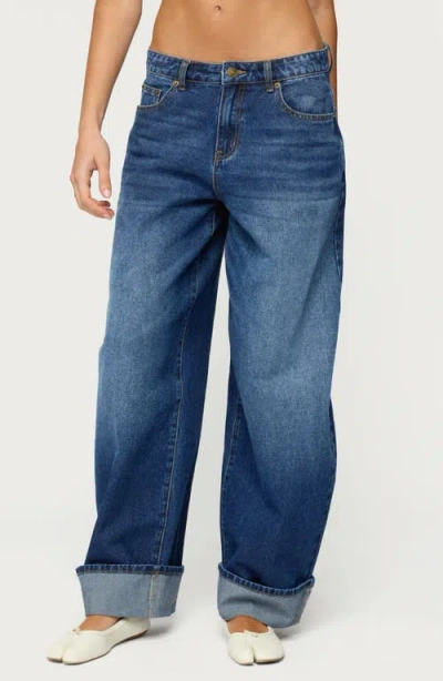 Edikted Kella Low Rise Baggy Cuffed Wide Leg Jeans In Blue
