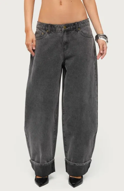 Edikted Kella Low Rise Baggy Wide Leg Cuffed Jeans In Gray