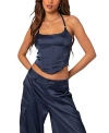 Edikted Kelsey Lace-up Back Satin Halter Neck Corset In Navy