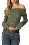 Edikted Kenna Off The Shoulder Long Sleeve Knit Top In Green