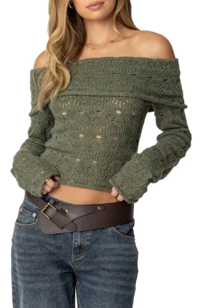 Edikted Kenna Off The Shoulder Long Sleeve Knit Top In Green