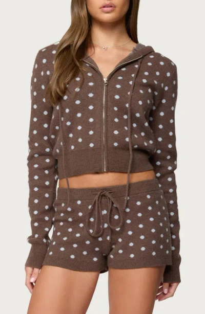 Edikted Kenny Polka Dot Knit Hooded Jacket In Brown