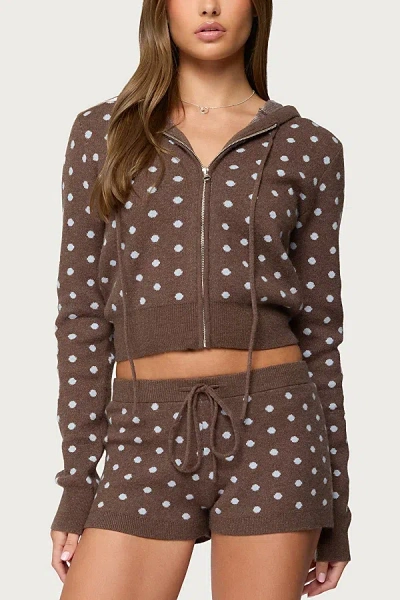 Edikted Kenny Polka Dot Knit Zip Up Hooded Cardigan In Brown, Women's At Urban Outfitters