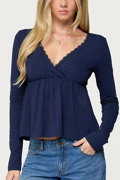 Edikted Kenzie Long Sleeve Babydoll Top In Navy, Women's At Urban Outfitters In Blue
