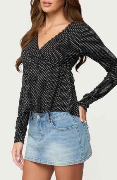Edikted Kenzie Polka Dot Lace Trim Babydoll Top In Gray