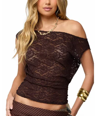 Edikted Kessa Sheer Lace Off Shoulder Top In Brown