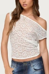 Edikted Kessa Sheer Lace Off Shoulder Top In Neutral