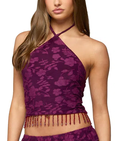 Edikted Keyla Floral Jacquard Beaded Fringe Halter Top In Animal Print