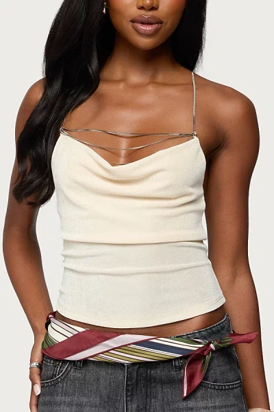 Edikted Khloey Plunge Cowl Neck Chain Crop Halter Top In Neutral