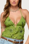 Edikted Kiki Sequin Floral Chiffon Halter Top In Green, Women's At Urban Outfitters In Green