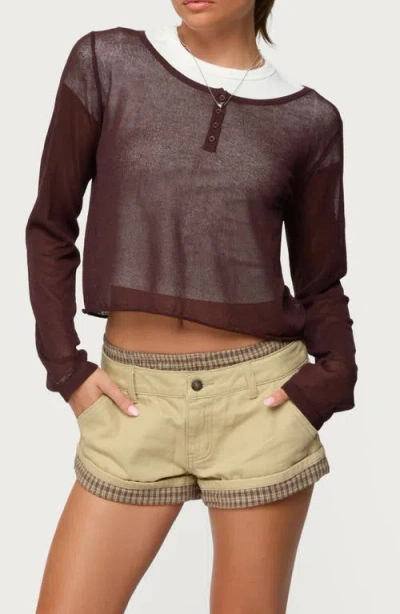 Edikted Kilian Sheer Knit Henley Top In Burgundy
