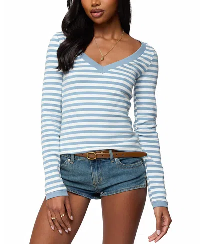 Edikted Kimi Striped Long Sleeve V Neck Top In Blue