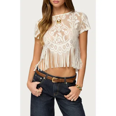 Edikted Kira Sheer Lace Fringe Crop T-shirt In Neutral