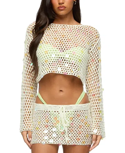 Edikted Kirah Open Stitch Paillette Cover-up Crop Top In Green