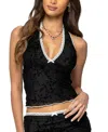 Edikted Klea Lace Trim Velvet Burnout Halter Top
