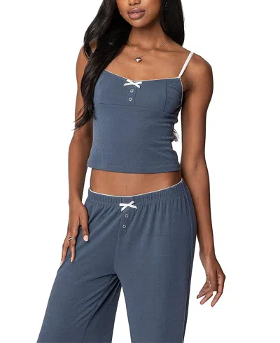 Edikted Kleo Pointelle Henley Tank Top In Navy