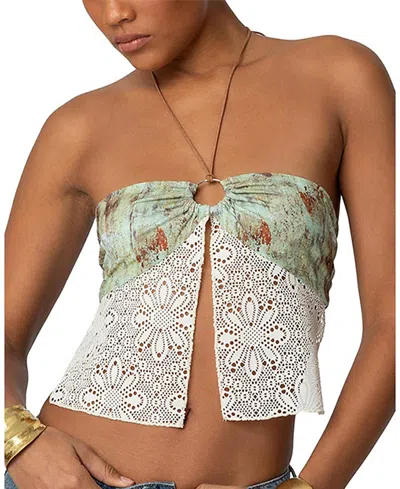 Edikted Kloe Backless Crochet Split Front Top In Green