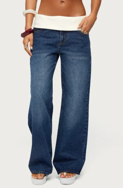 Edikted Knit Foldover Baggy Jeans In Blue