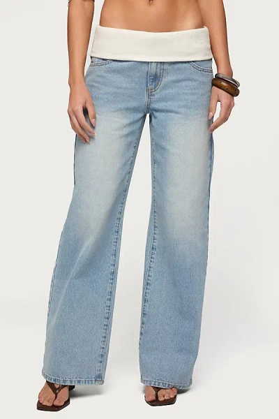 Edikted Knit Foldover Low Rise Baggy Jean In Light/blue, Women's At Urban Outfitters
