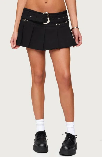 Edikted Kore Belted Pleated Raw Hem Denim Miniskirt In Black