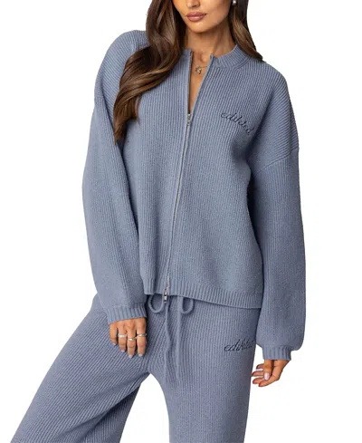 Edikted Kris Ribbed Knit Zip Up Sweater In Blue