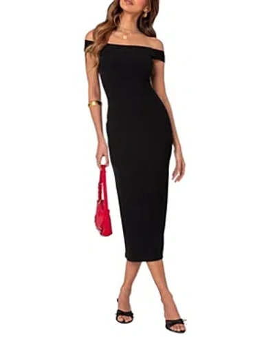 Edikted Kyla Off Shoulder Ribbed Midi Dress In Black