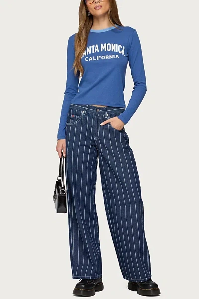 Edikted Kyler Pinstripe Low Rise Jeans In Dark/blue, Women's At Urban Outfitters