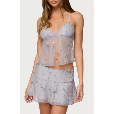 Edikted Kylie Beaded Split Front Top In Gray